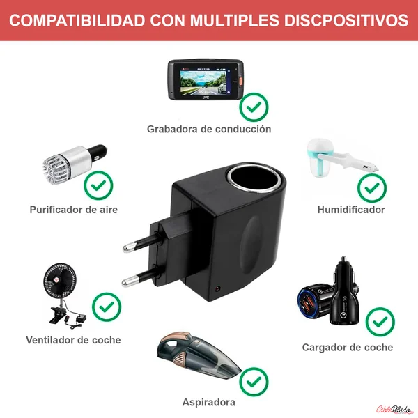 Adaptador Enchufe Europeo 220V para Accesorios de Automóvil 12V Negro