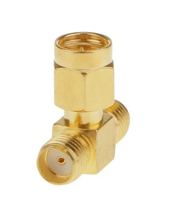 Adaptador triple T RF SMA Macho a 2x SMA Dorado