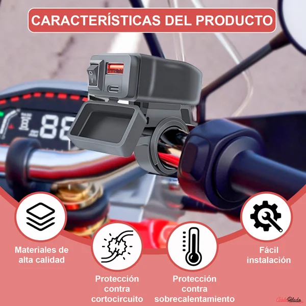 Adaptador Universal Para Toma Impermeable Para Manillar Con Carga Rápida USB+Type-C Para Moto Negro