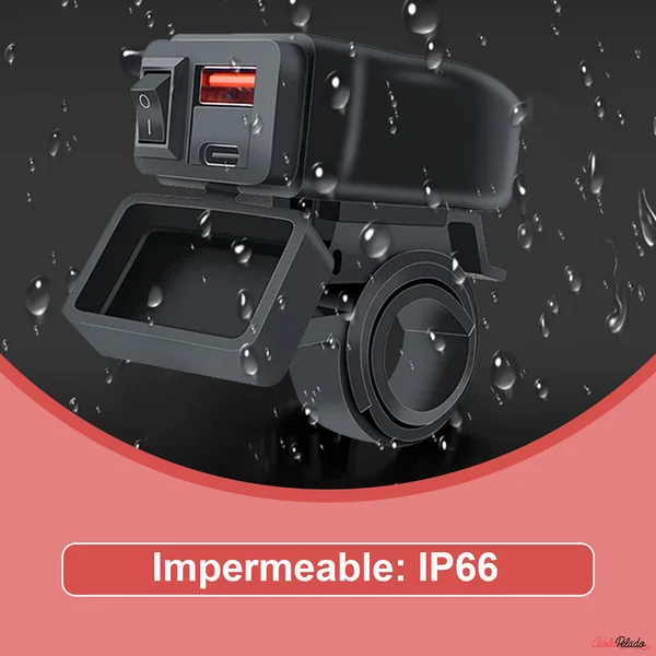 Adaptador Universal Para Toma Impermeable Para Manillar Con Carga Rápida USB+Type-C Para Moto Negro