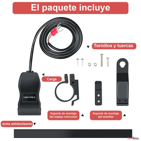 Adaptador Universal Para Toma Impermeable Para Manillar Con Carga Rápida USB+Type-C Para Moto Negro