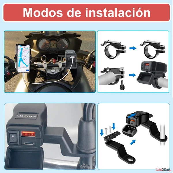 Adaptador Universal Para Toma Impermeable Para Manillar Con Carga Rápida USB+Type-C Para Moto Negro