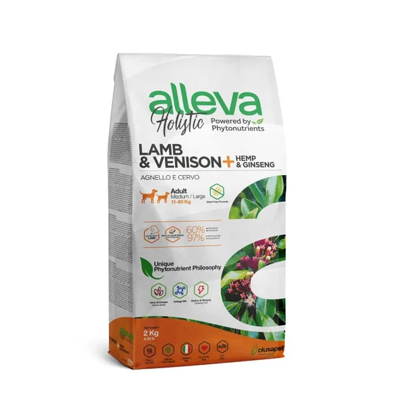 Alleva Holistic. Adultos Raza Mediana y Grande. Cordero y Venado con Cannabis y Ginseng