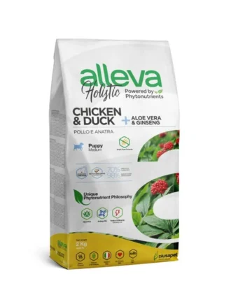 Alleva Holistic. Cachorros RAZA MEDIANA. Pollo y Pato con Aloe Vera y Ginseng