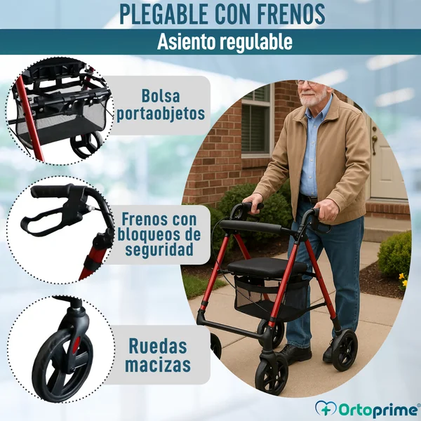 Andador Rollator con Asiento Regulable en Altura Plegable