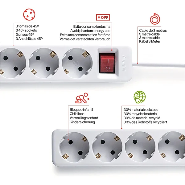Base de enchufe 5 tomas con interruptor 1.5 M Blanco