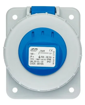 Base enchufe industrial hembra 2P+T 250V IP67 empotrar Azul 16 A