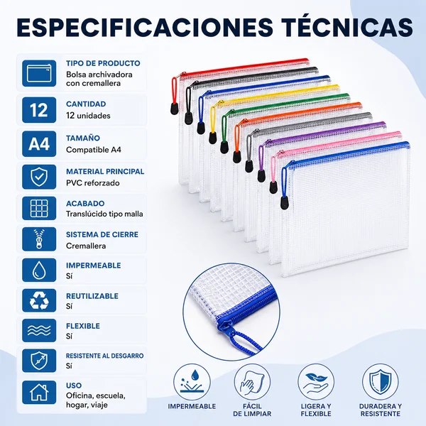 Bolsa de Archivo de Multicolor Cremallera 12uds