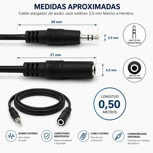 Cable alargador de audio estéreo jack 3.5 mm 0.50 M Negro