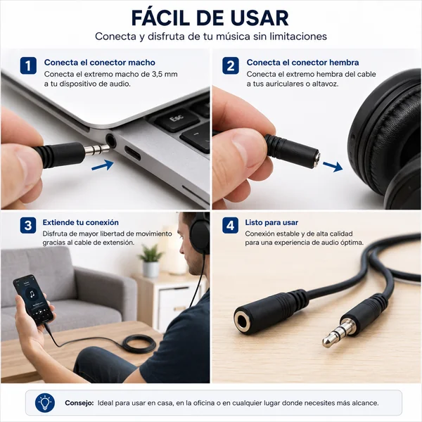 Cable alargador de audio estéreo jack 3.5 mm 0.50 M Negro