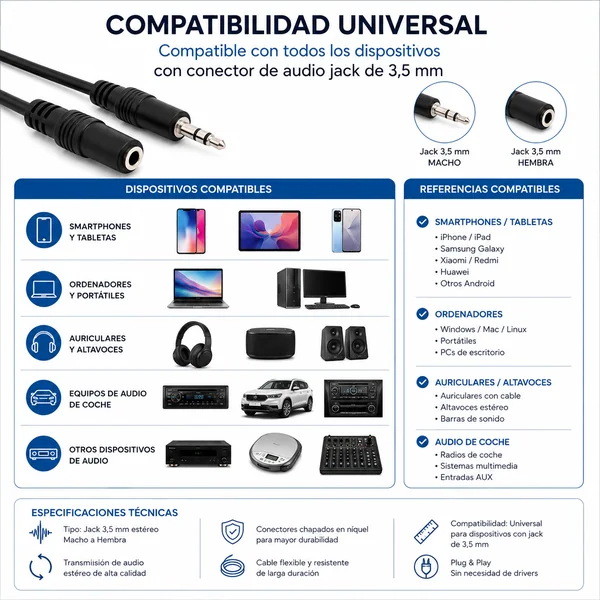 Cable alargador de audio estéreo jack 3.5 mm 0.50 M Negro