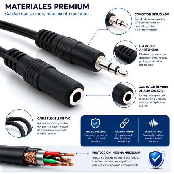 Cable alargador de audio estéreo jack 3.5 mm 0.50 M Negro