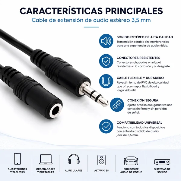 Cable alargador de audio estéreo jack 3.5 mm 2 M Negro