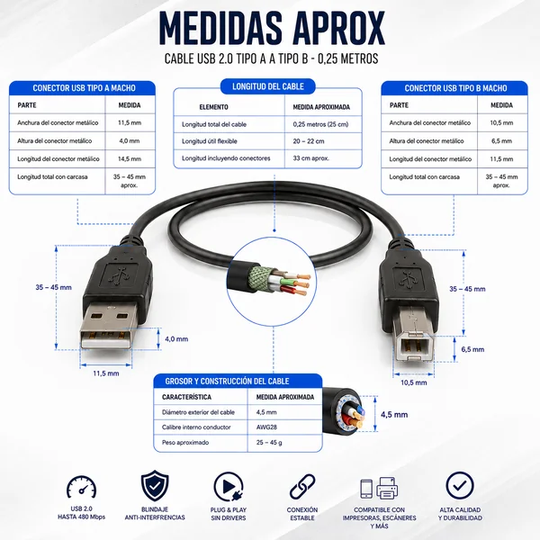 Cable USB 2.0 para impresora A/M-B/M 0.25 M Negro
