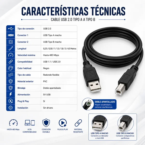 Cable USB 2.0 para impresora A/M-B/M 0.25 M Negro