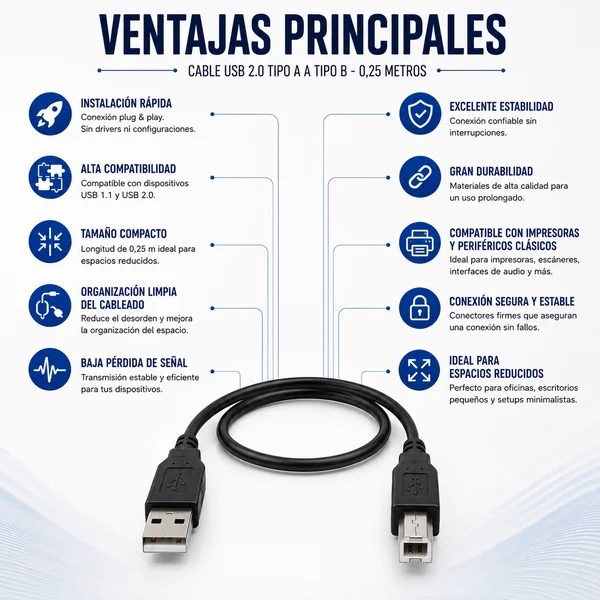 Cable USB 2.0 para impresora A/M-B/M 0.25 M Negro