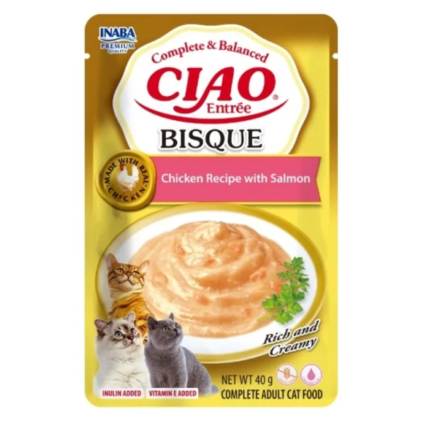 Ciao Entrée Bisque Pollo con Salmón para Gatos – Comida Húmeda Completa