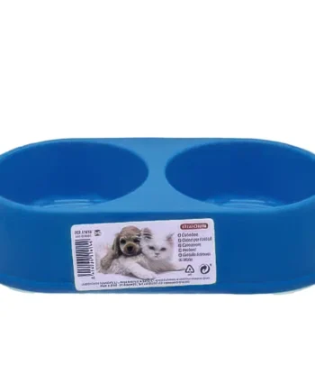 Comedero plastico doble redondo para mascotas Azul