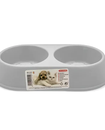 Comedero plastico doble redondo para mascotas Gris