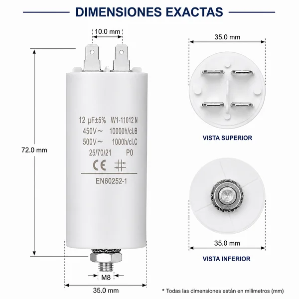 Condensador | 12 uF | 450 V | Faston | 1 uds. 12.0 uF Blanco