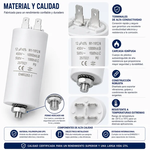 Condensador | 12 uF | 450 V | Faston | 1 uds. 12.0 uF Blanco