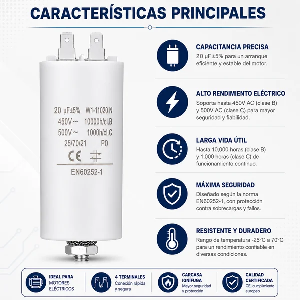 Condensador | 20 uF | 450 V | Faston | 1 uds. 20.0 uF