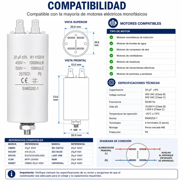 Condensador | 20 uF | 450 V | Faston | 1 uds. 20.0 uF
