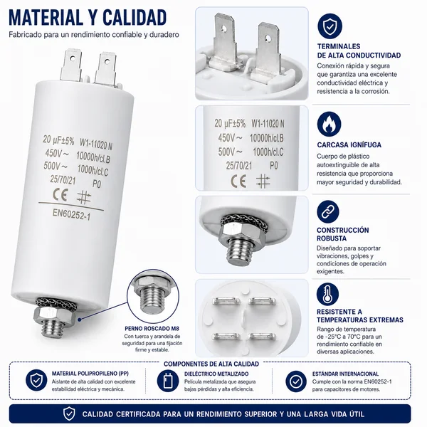 Condensador | 20 uF | 450 V | Faston | 1 uds. 20.0 uF