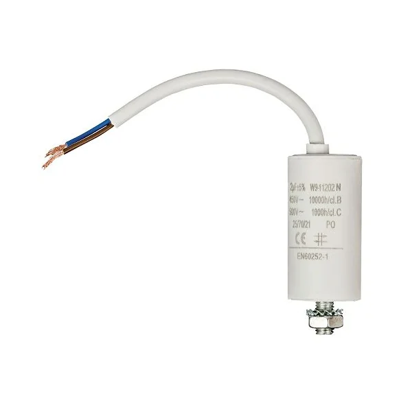 Condensador | 2.0 uF | 450 V | Faston + Cable | 1 uds. 2.0 uF Blanco