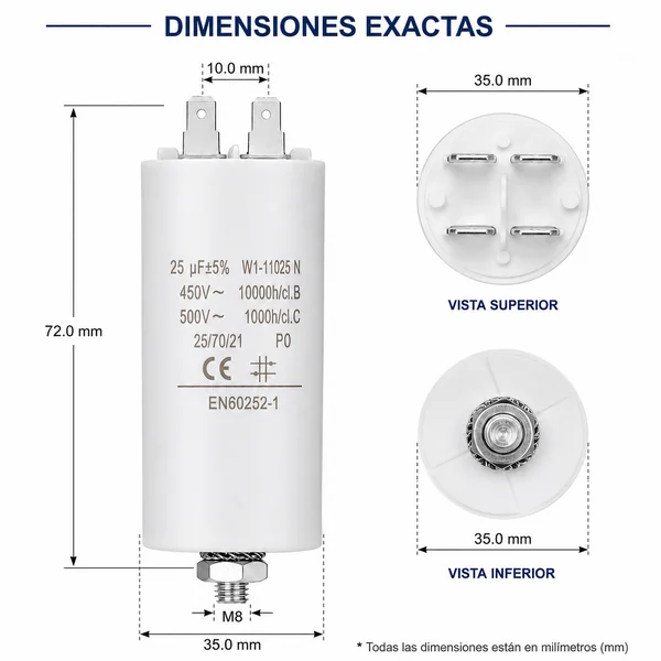 Condensador | 25 uF | 450 V | Faston | 1 uds. 25.0 uF