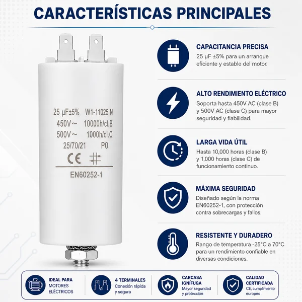 Condensador | 25 uF | 450 V | Faston | 1 uds. 25.0 uF