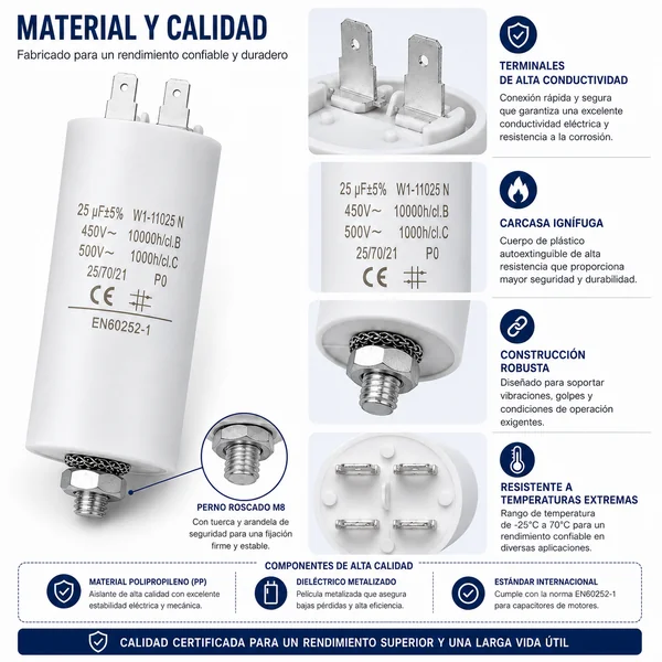 Condensador | 25 uF | 450 V | Faston | 1 uds. 25.0 uF