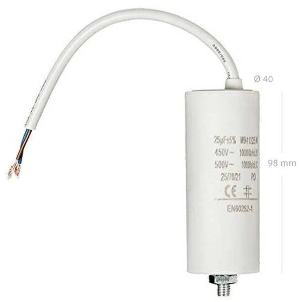 Condensador | 25 uF | 450 V | Faston + Cable | 1 uds. 25.0 uF Blanco