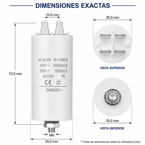 Condensador | 40 uF | 450 V | Faston | 1 uds. 40.0 uF Blanco