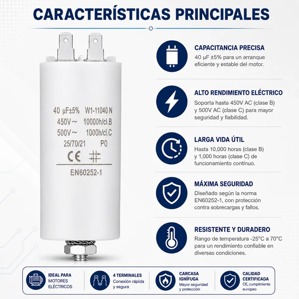 Condensador | 40 uF | 450 V | Faston | 1 uds. 40.0 uF Blanco