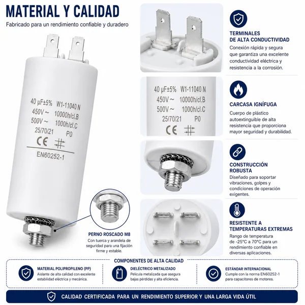 Condensador | 40 uF | 450 V | Faston | 1 uds. 40.0 uF Blanco