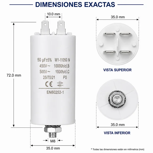 Condensador | 50 uF | 450 V | Faston | 1 uds. 50.0 uF