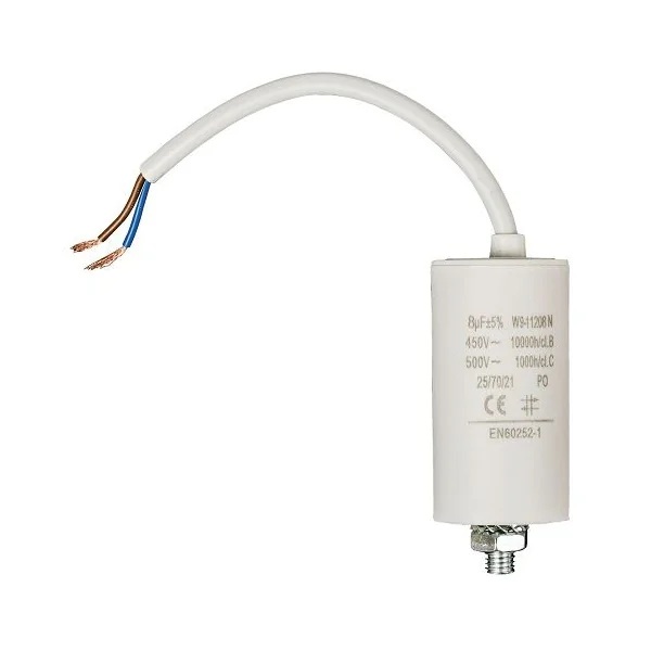 Condensador | 8.0 uF | 450 V | Faston + Cable | 1 uds. 8.0 uF Blanco