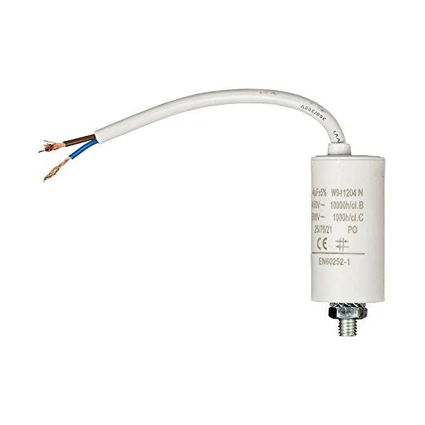 Condensador arranque motor electrico 450 V con cable 4.0 uF Blanco