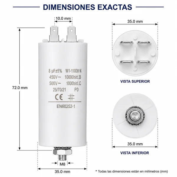 Condensador de arranque para motor electrico 450 VAC 8.0 uF Blanco