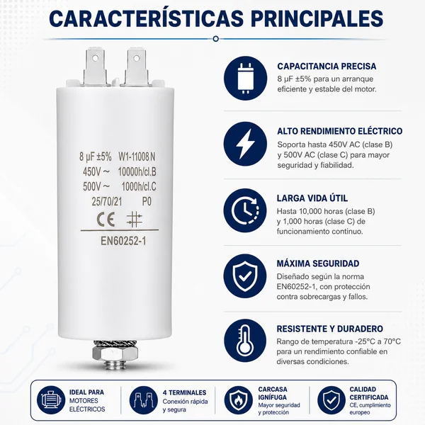 Condensador de arranque para motor electrico 450 VAC 8.0 uF Blanco