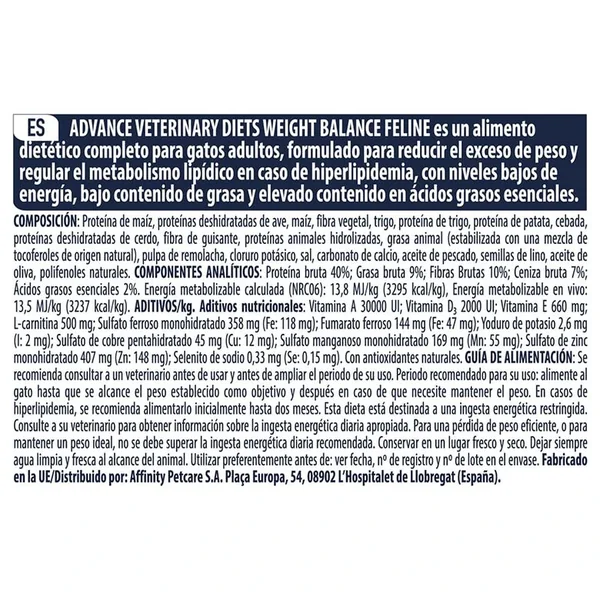 Esenciales diarios: obtén el mejor precio en Affinity Advance Veterinary Diets Weight Balance Pienso Para Gatos en línea en Barcelona España.