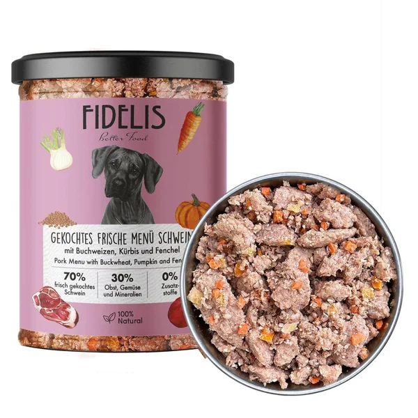 Fidelis-Menú cocinado en tarro de cerdo con calabaza, trigo sarraceno e hinojo