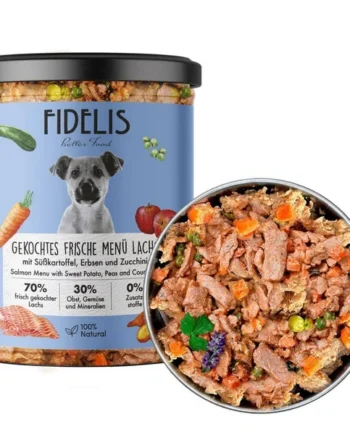 Fidelis-Menú cocinado en tarro de salmón con boniato y calabacín