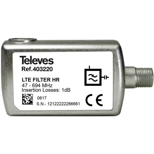 Filtro LTE 5G Interior con Corte en Canal 48 Conector F Plateado