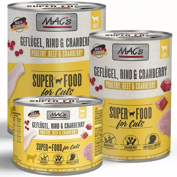 MAC’s Gatos Comida Húmeda sin cereales Pollo, Ternera y Arándanos Rojos