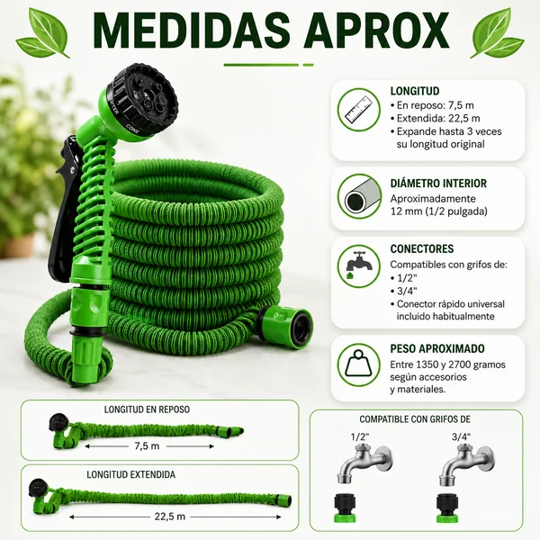 Manguera JardÍn Extensible Hasta 22.5 Metros Incluye Pistola Verde