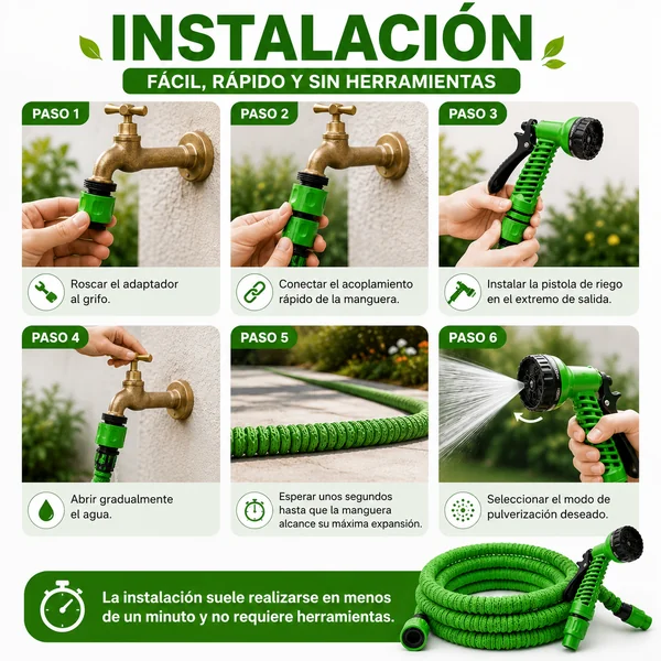 Manguera JardÍn Extensible Hasta 22.5 Metros Incluye Pistola Verde