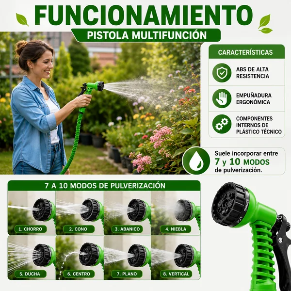 Manguera JardÍn Extensible Hasta 22.5 Metros Incluye Pistola Verde