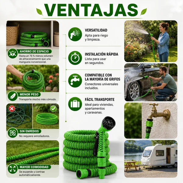 Manguera JardÍn Extensible Hasta 22.5 Metros Incluye Pistola Verde